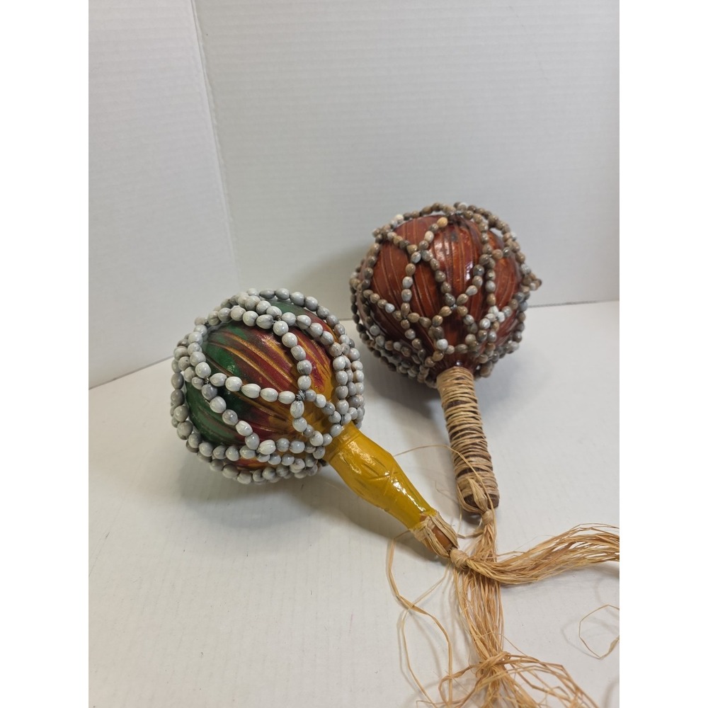 Vtg Pair African Gourd Shekere Percussion Shakers Handmade Cowrie Shell Netting